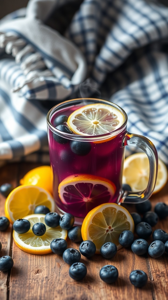 A warm mug of blueberry lemonade with fresh blueberries and lemon slices on a rustic table.